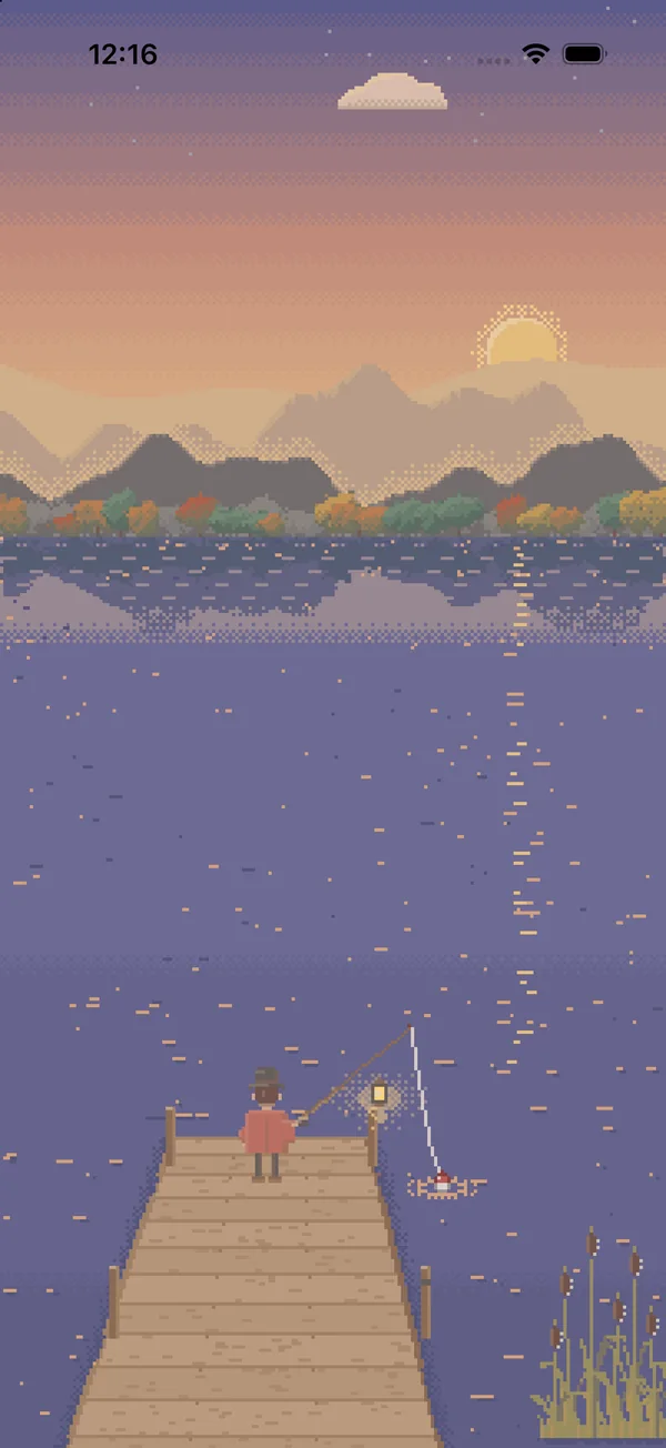 Pocket Fishing at dusk: an angler on the dock, with the sunset over the hills.