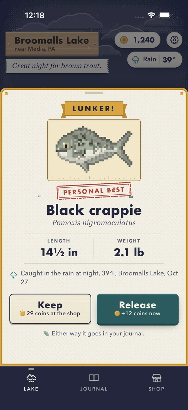 The catch card for a lunker black crappie, with Keep and Release.