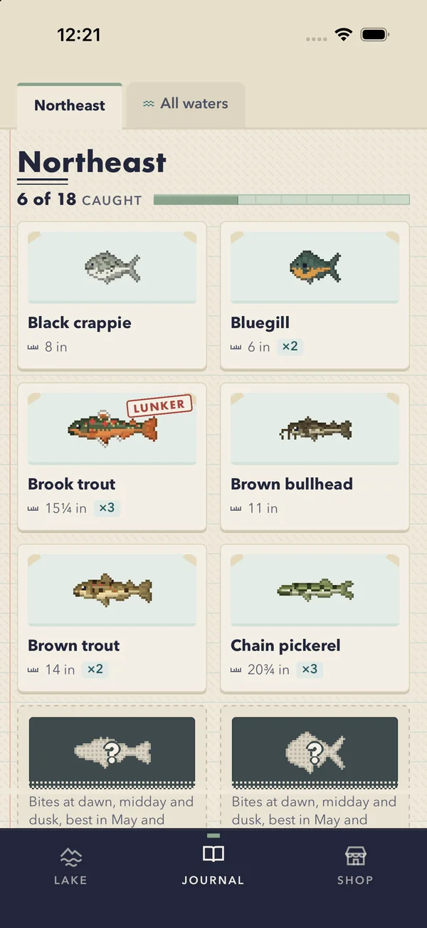 The Journal, with caught fish and outlines of the ones still to find.