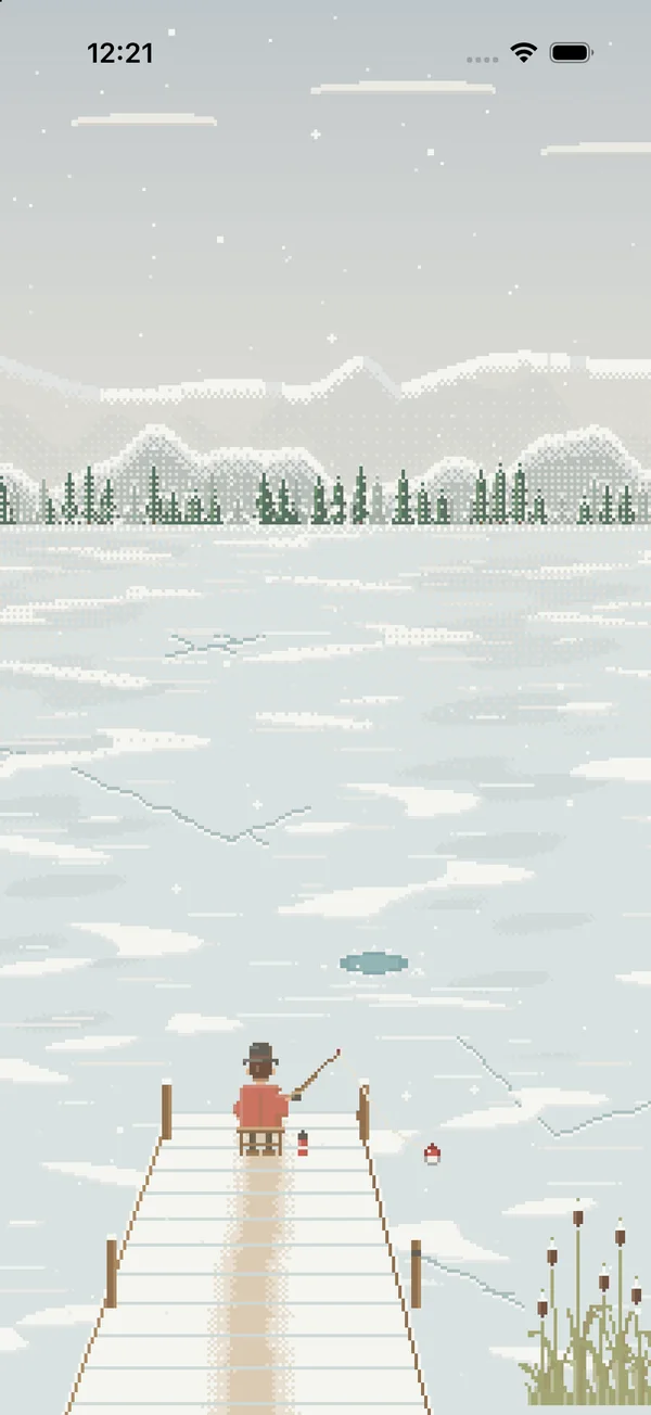 Ice fishing on a frozen lake in winter.